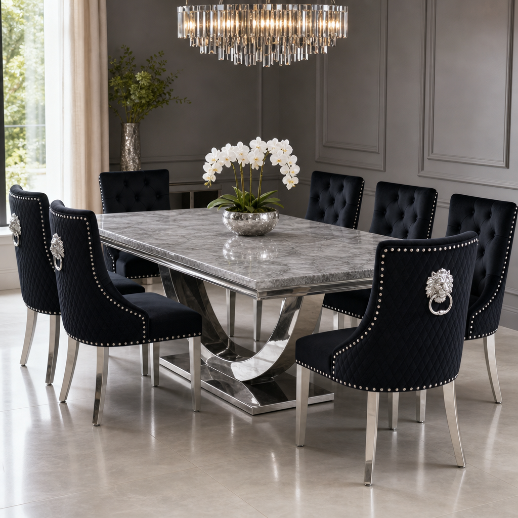 Ariel Grey Marble Dining Set with Majestic Black Velvet Chairs styled in a modern dining room