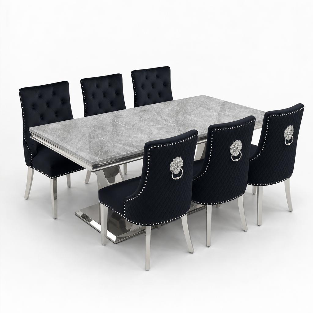 Ariel Grey Marble Dining Set with Majestic Black Velvet Chairs shown in a studio setting