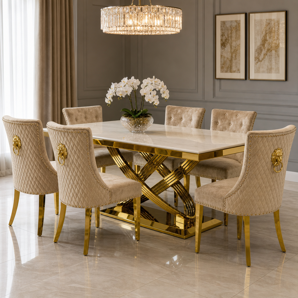 Elina Cream Gold Marble Dining Set with Majestic Mink Velvet Chairs with Gold Legs styled in a modern dining room