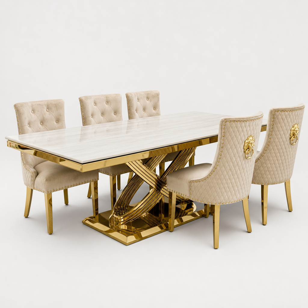 Elina Cream Gold Marble Dining Set with Majestic Mink Velvet Chairs with Gold Legs shown in a studio setting