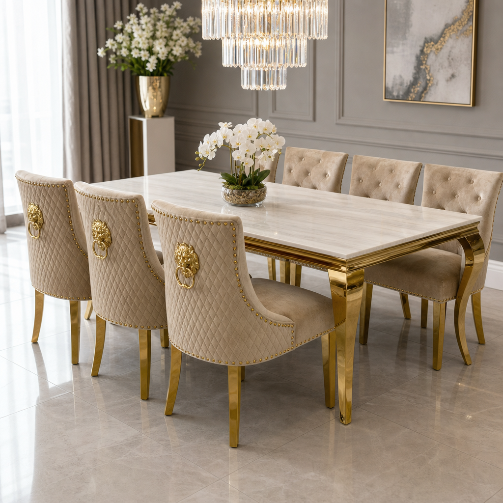 Louis Cream Gold Marble Dining Set with Majestic Mink Velvet Chairs with Gold Legs styled in a modern dining room