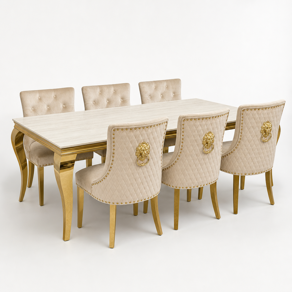 Louis Cream Gold Marble Dining Set with Majestic Mink Velvet Chairs with Gold Legs shown in a studio setting