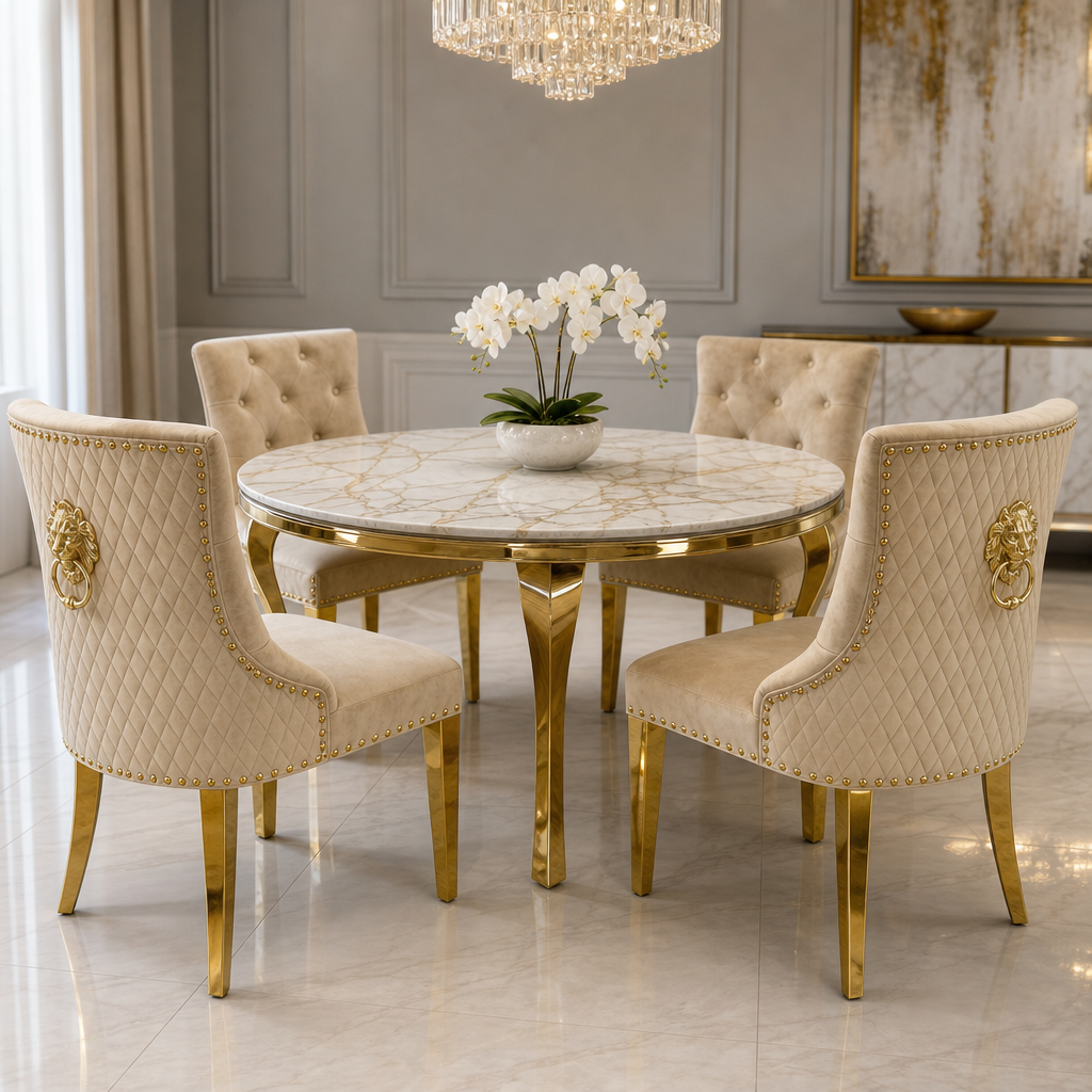 Louis White Gold Marble Round Dining Set with Majestic Mink Velvet Chairs with Gold Legs styled in a modern dining room