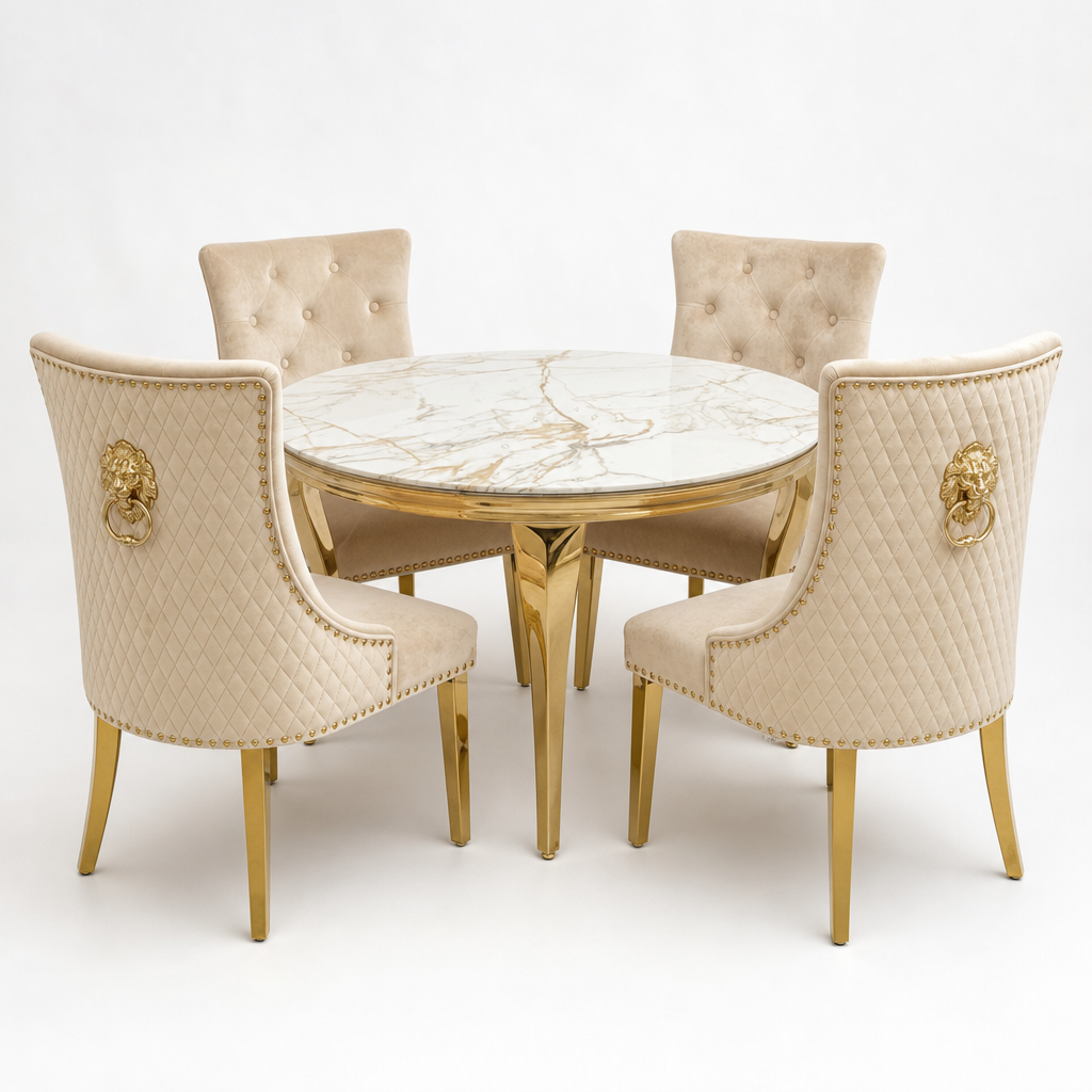 Louis White Gold Marble Round Dining Set with Majestic Mink Velvet Chairs with Gold Legs shown in a studio setting
