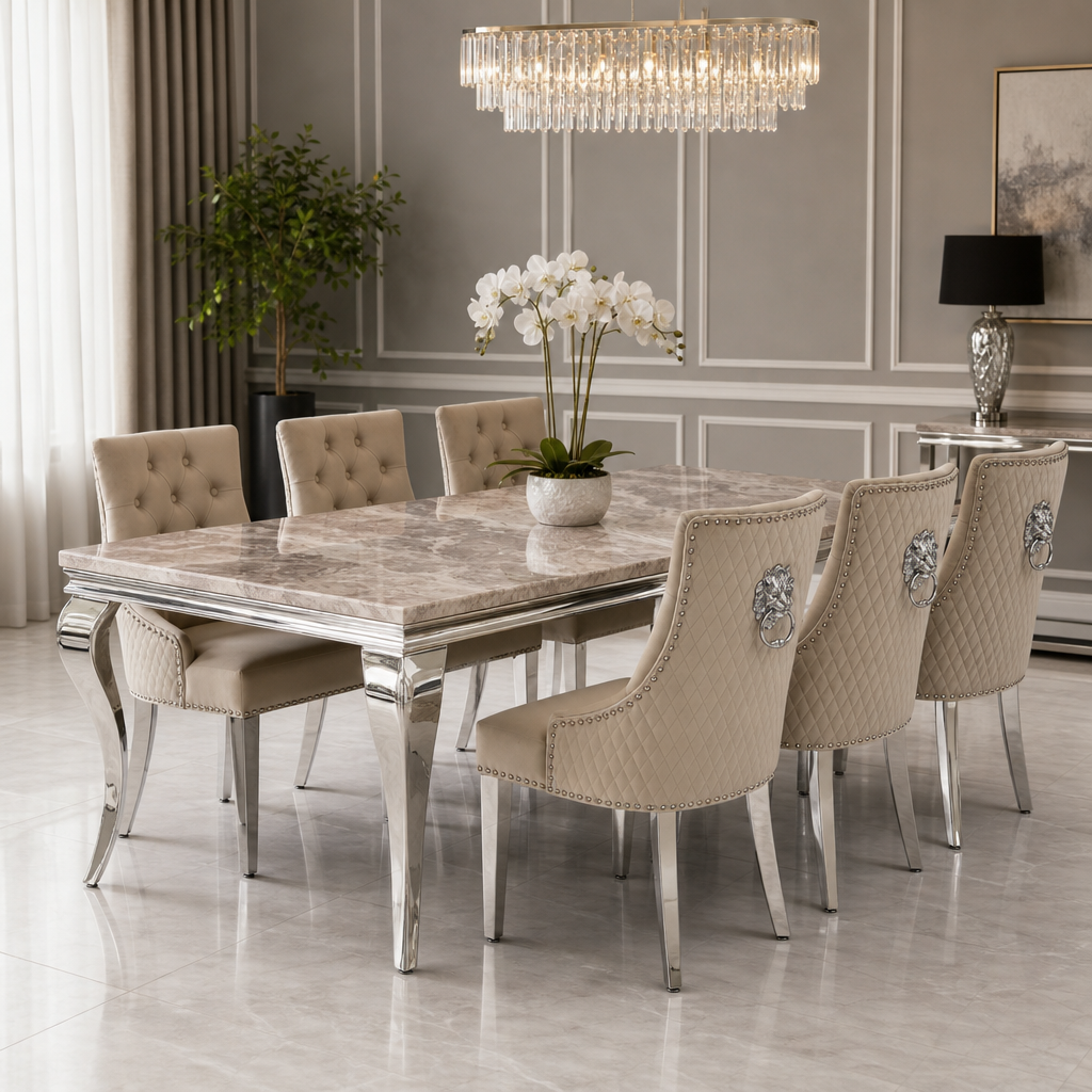 Louis Beige Marble Dining Set with Majestic Mink Velvet Chairs styled in a modern dining room