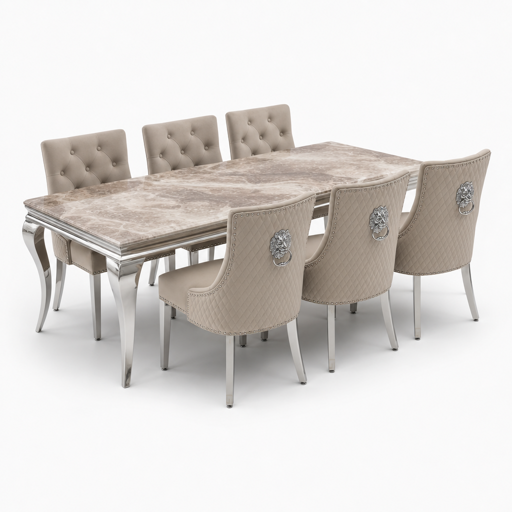 Louis Beige Marble Dining Set with Majestic Mink Velvet Chairs shown in a studio setting