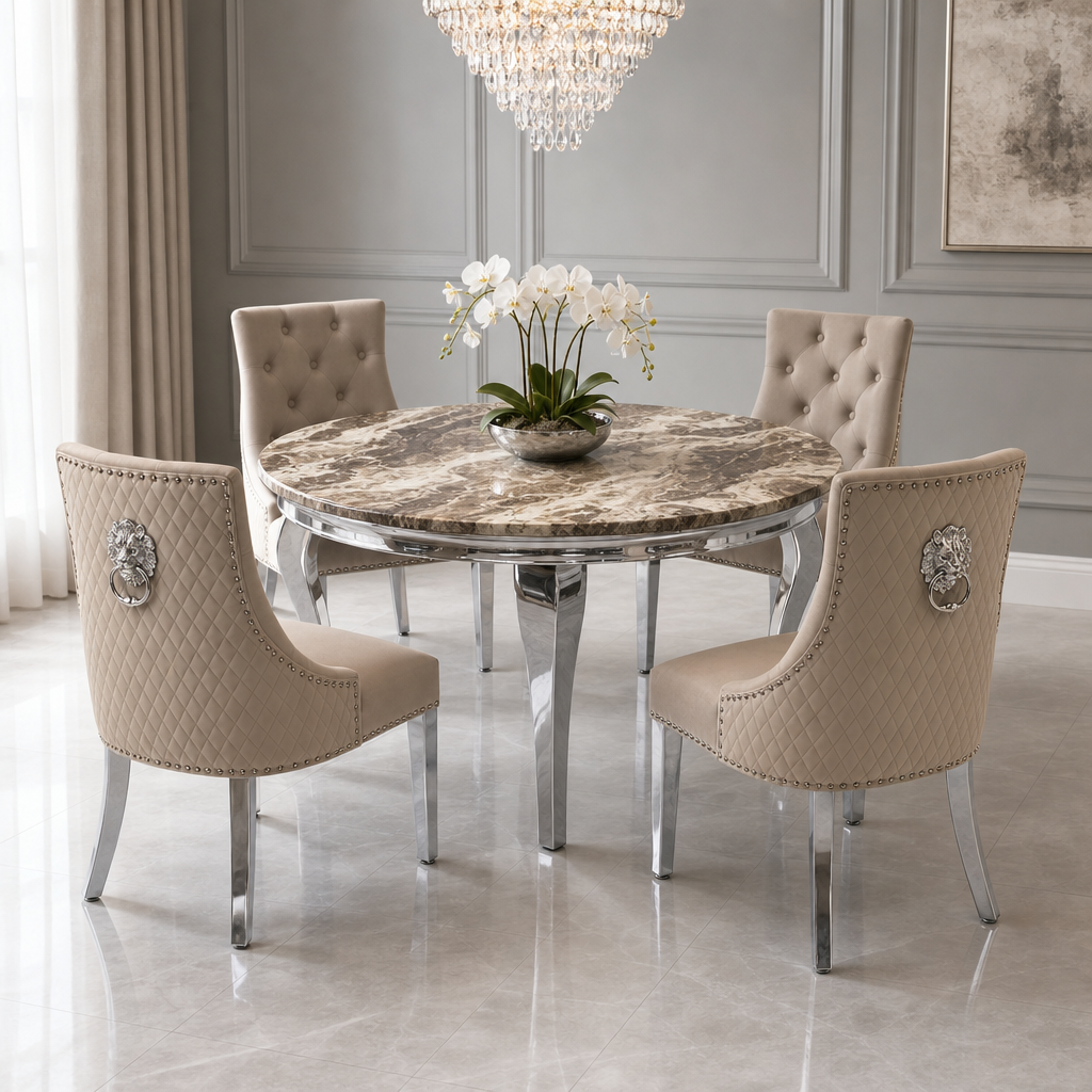 Louis Beige Marble Round Dining Set with Majestic Mink Velvet Chairs styled in a modern dining room