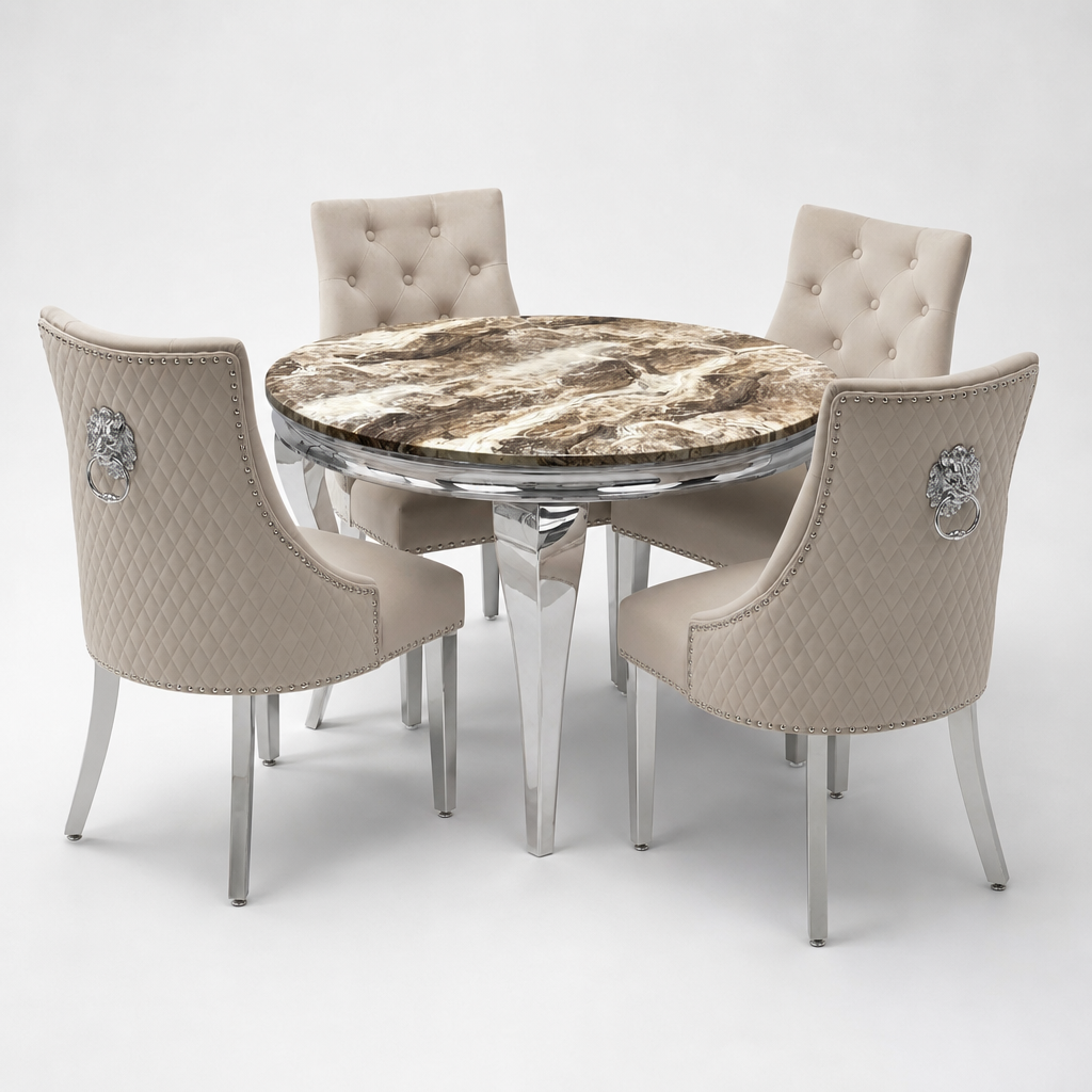 Louis Beige Marble Round Dining Set with Majestic Mink Velvet Chairs shown in a studio setting