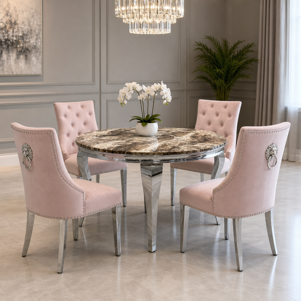 Louis Beige Marble Round Dining Set with Majestic Pink Velvet Chairs styled in a modern dining room