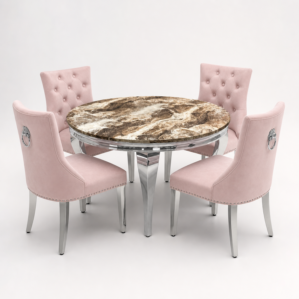 Louis Beige Marble Round Dining Set with Majestic Pink Velvet Chairs shown in a studio setting
