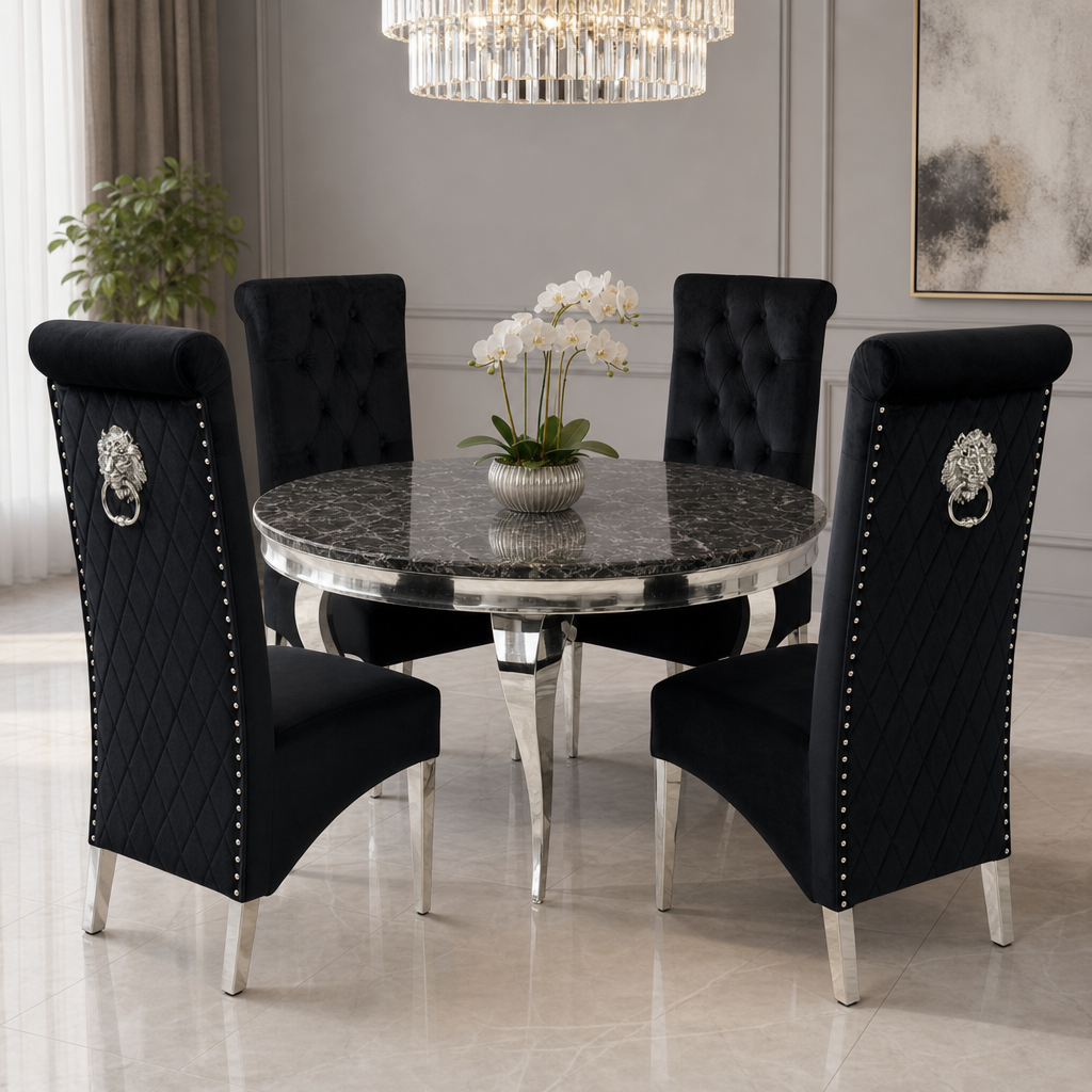 Louis Black Marble Round Dining Set with Lucy Black Velvet Chairs styled in a modern dining room