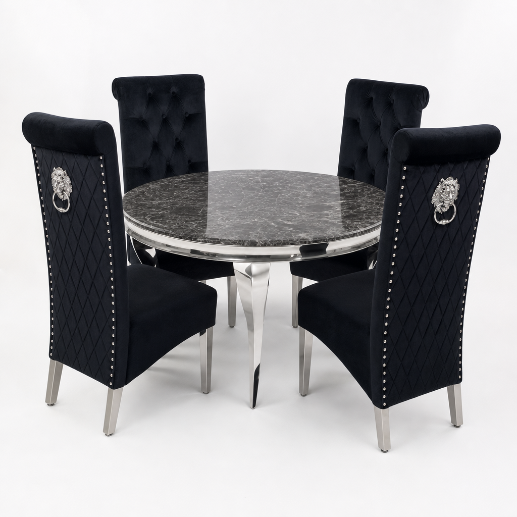 Louis Black Marble Round Dining Set with Lucy Black Velvet Chairs shown in a studio setting