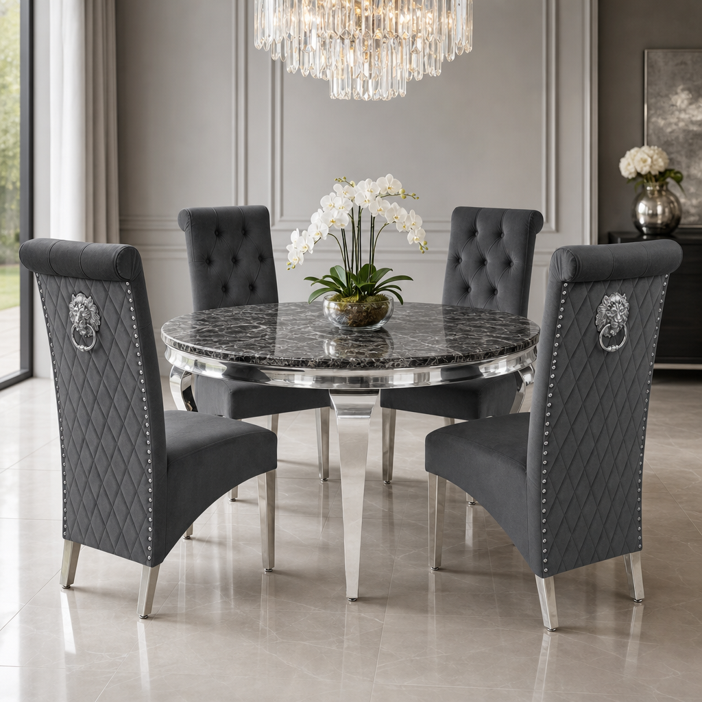 Louis Black Marble Round Dining Set with Lucy Dark Grey Velvet Chairs styled in a modern dining room