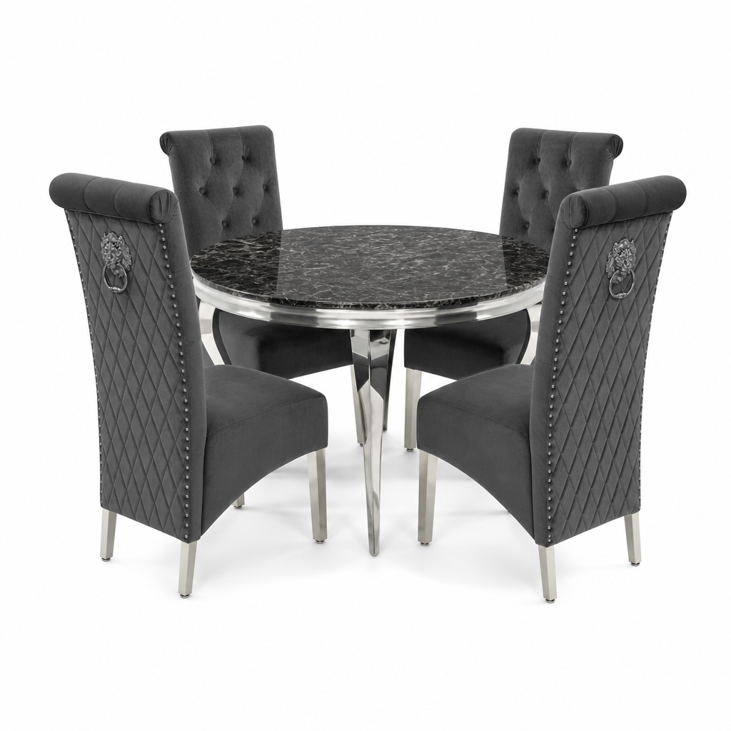Louis Black Marble Round Dining Set with Lucy Dark Grey Velvet Chairs shown in a studio setting