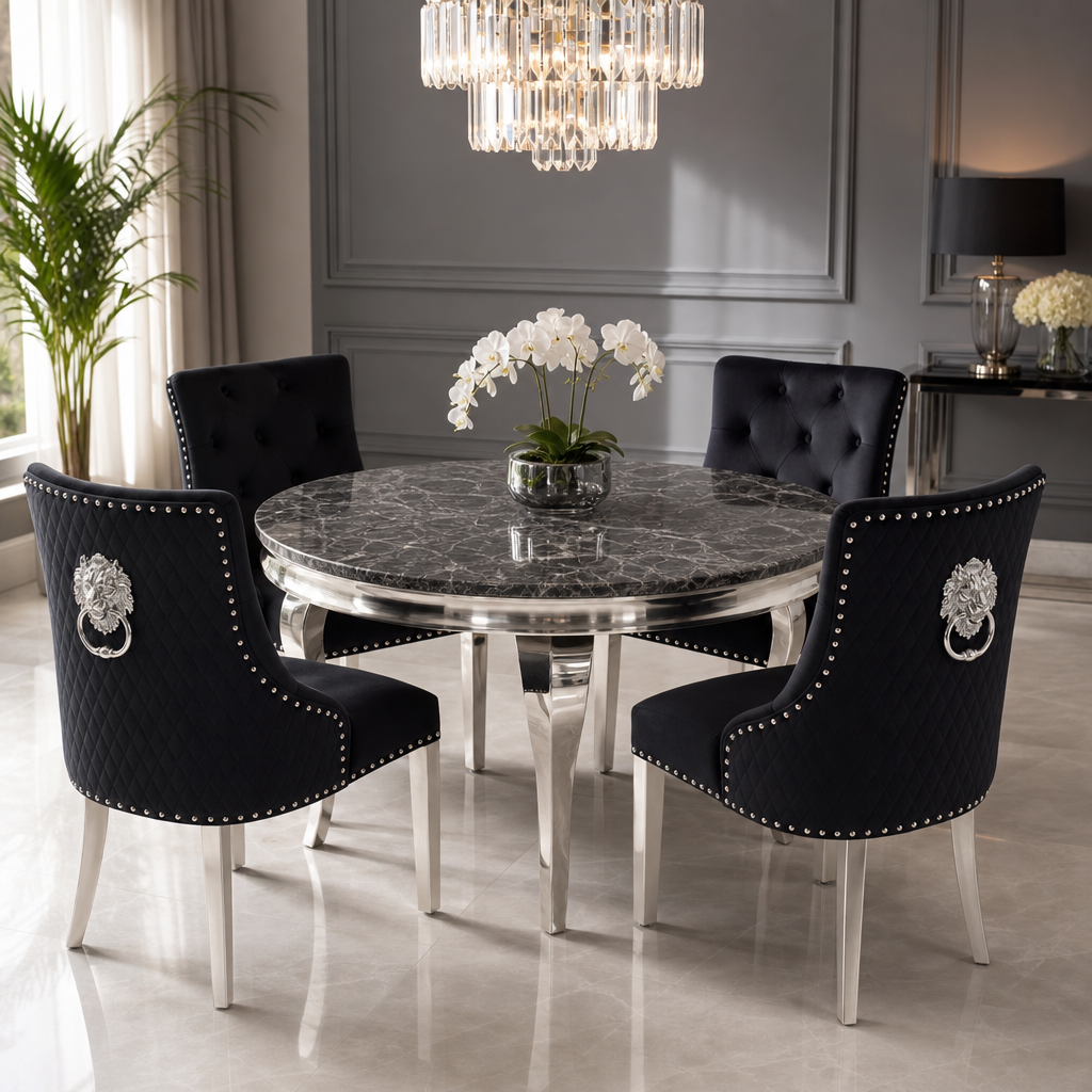Louis Black Marble Round Dining Set with Majestic Black Velvet Chairs styled in a modern dining room
