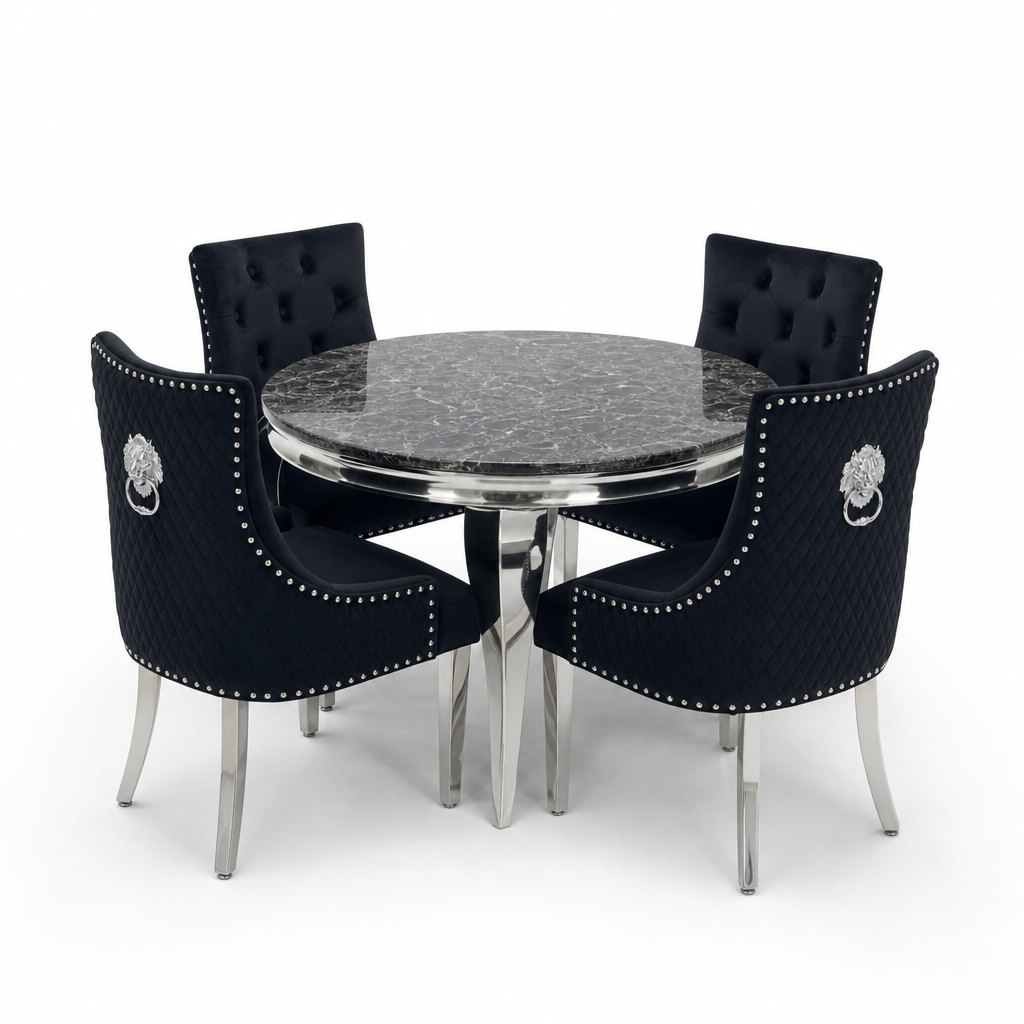 Louis Black Marble Round Dining Set with Majestic Black Velvet Chairs shown in a studio setting