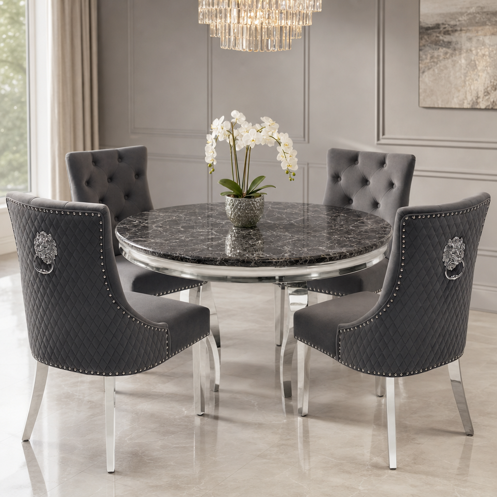 Louis Black Marble Round Dining Set with Majestic Dark Grey Velvet Chairs styled in a modern dining room