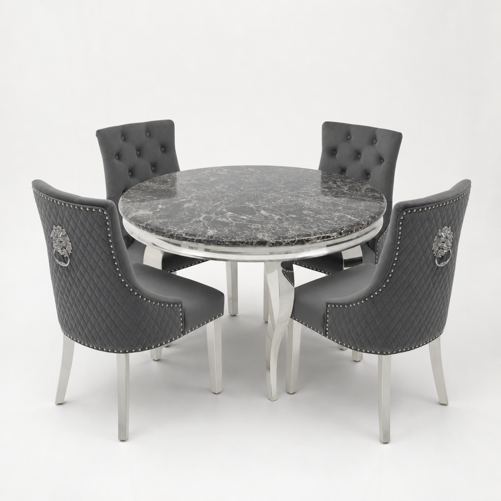 Louis Black Marble Round Dining Set with Majestic Dark Grey Velvet Chairs shown in a studio setting