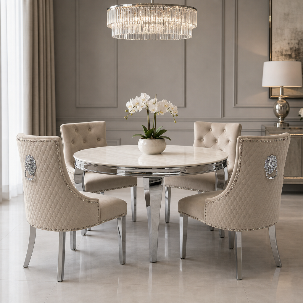 Louis Cream Marble Round Dining Set with Majestic Mink Velvet Chairs styled in a modern dining room