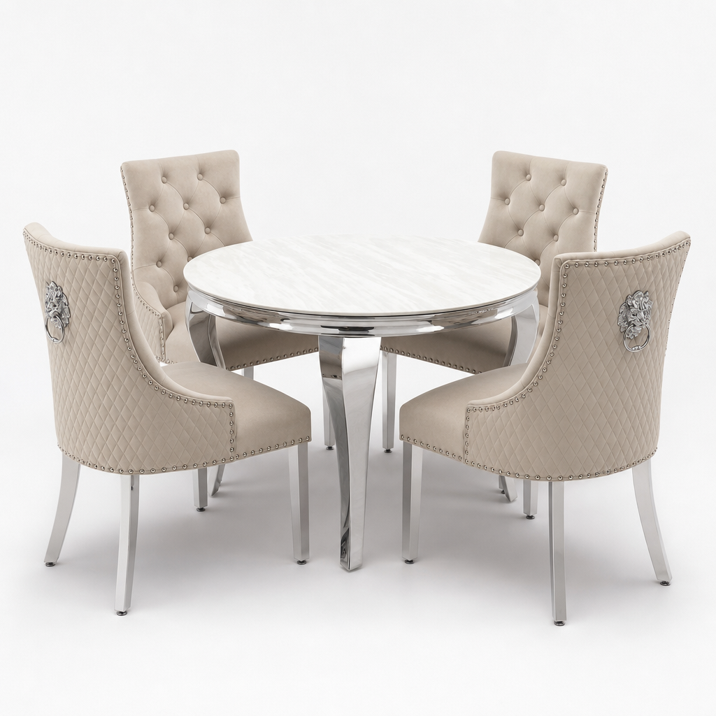 Louis Cream Marble Round Dining Set with Majestic Mink Velvet Chairs shown in a studio setting
