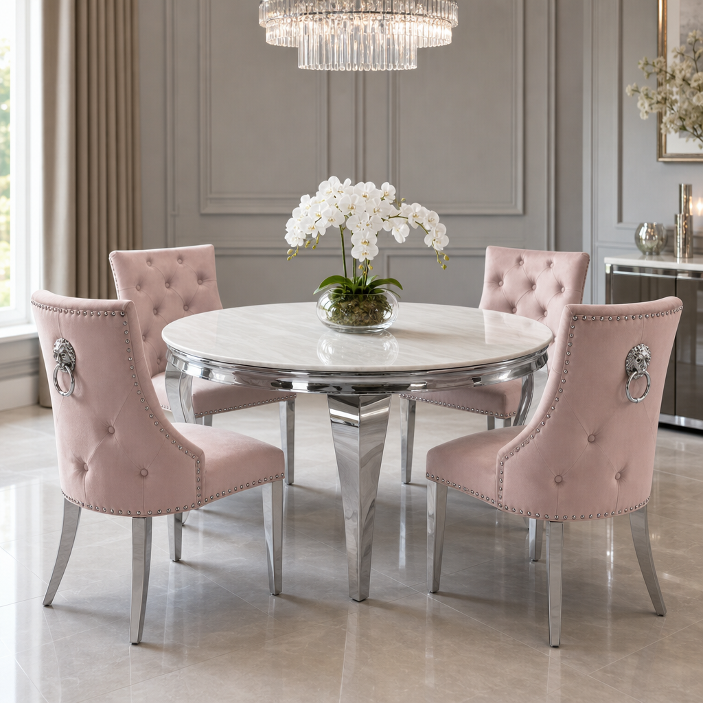 Louis Cream Marble Round Dining Set with Majestic Pink Velvet Chairs styled in a modern dining room