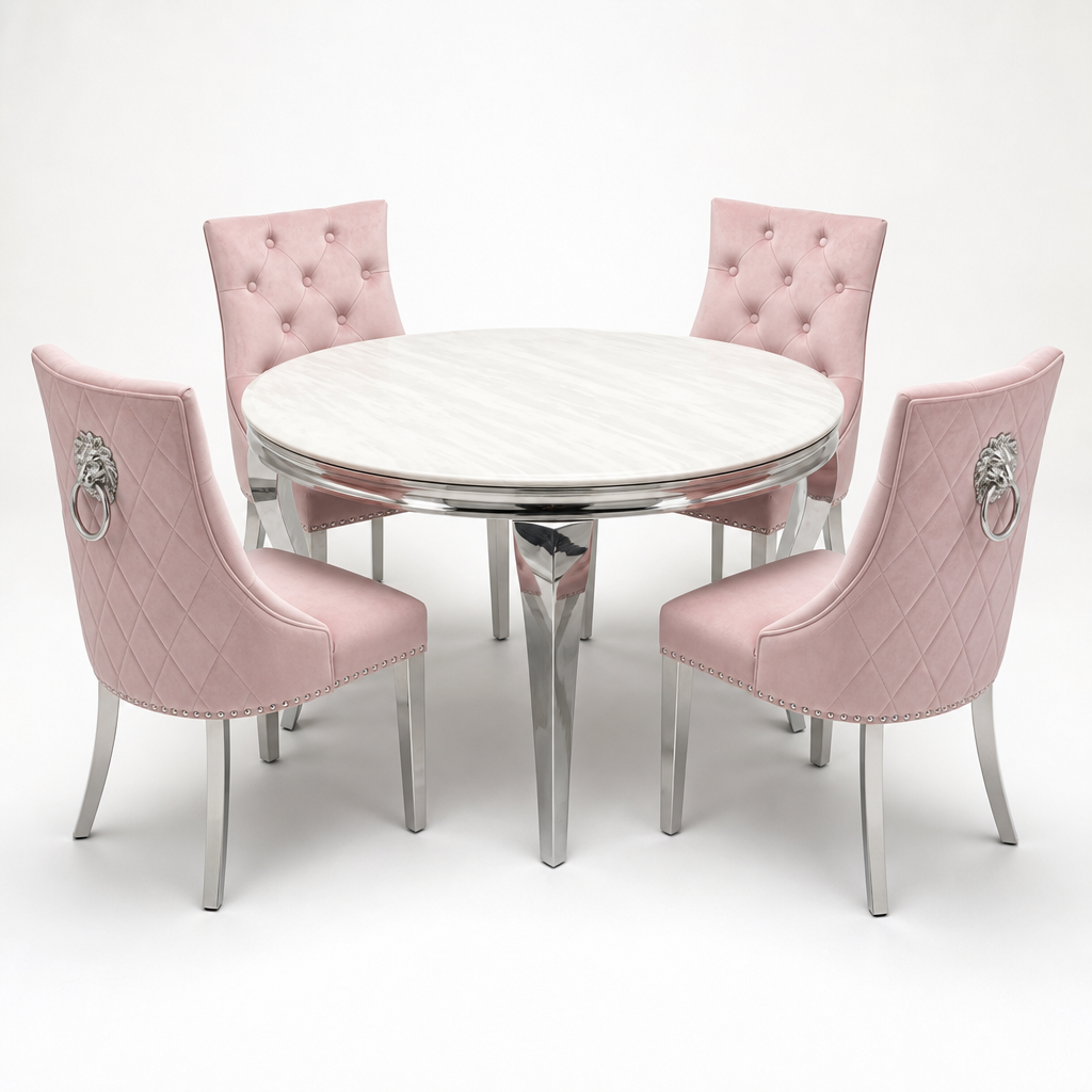 Louis Cream Marble Round Dining Set with Majestic Pink Velvet Chairs shown in a studio setting