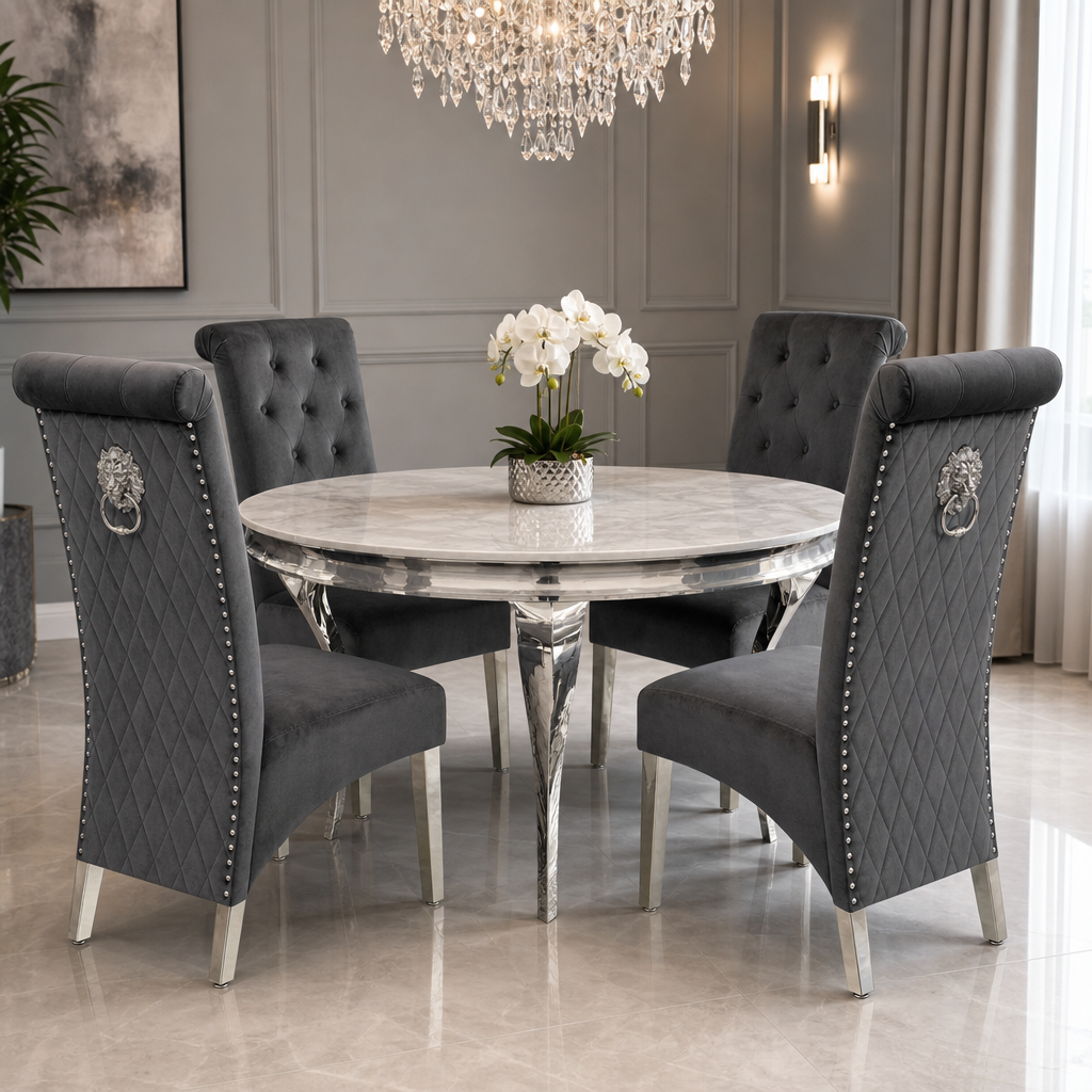 Louis White Marble Round Dining Set with Lucy Dark Grey Velvet Chairs styled in a modern dining room