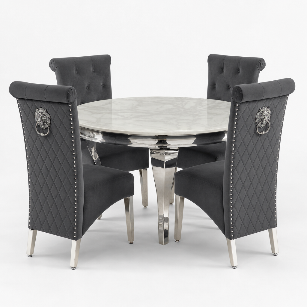 Louis White Marble Round Dining Set with Lucy Dark Grey Velvet Chairs shown in a studio setting