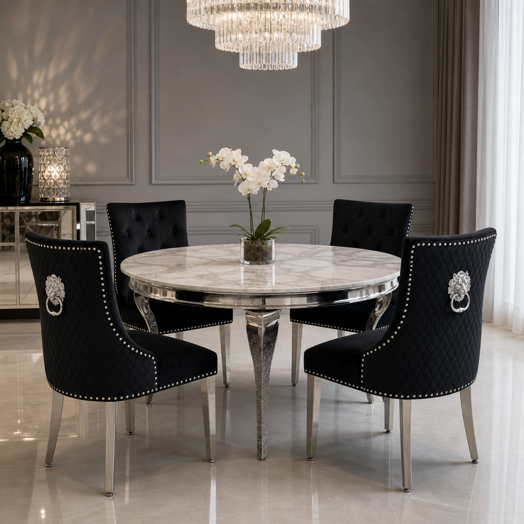 Louis White Marble Round Dining Set with Majestic Black Velvet Chairs styled in a modern dining room
