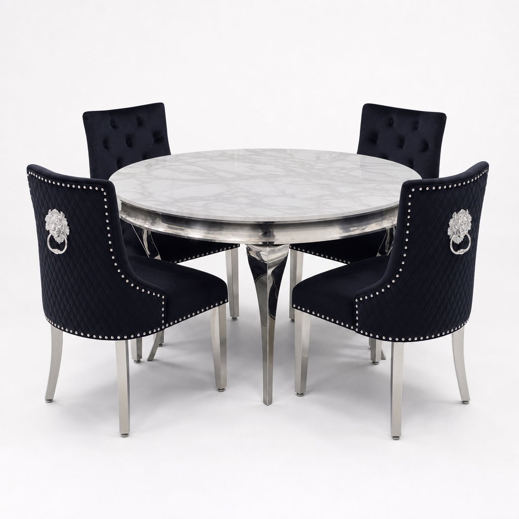 Louis White Marble Round Dining Set with Majestic Black Velvet Chairs shown in a studio setting