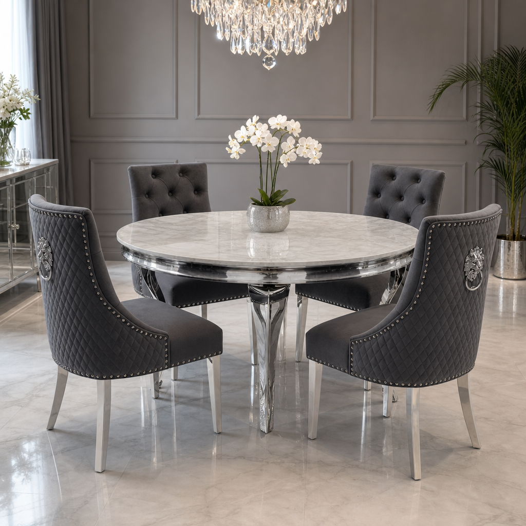 Louis White Marble Round Dining Set with Majestic Dark Grey Velvet Chairs styled in a modern dining room