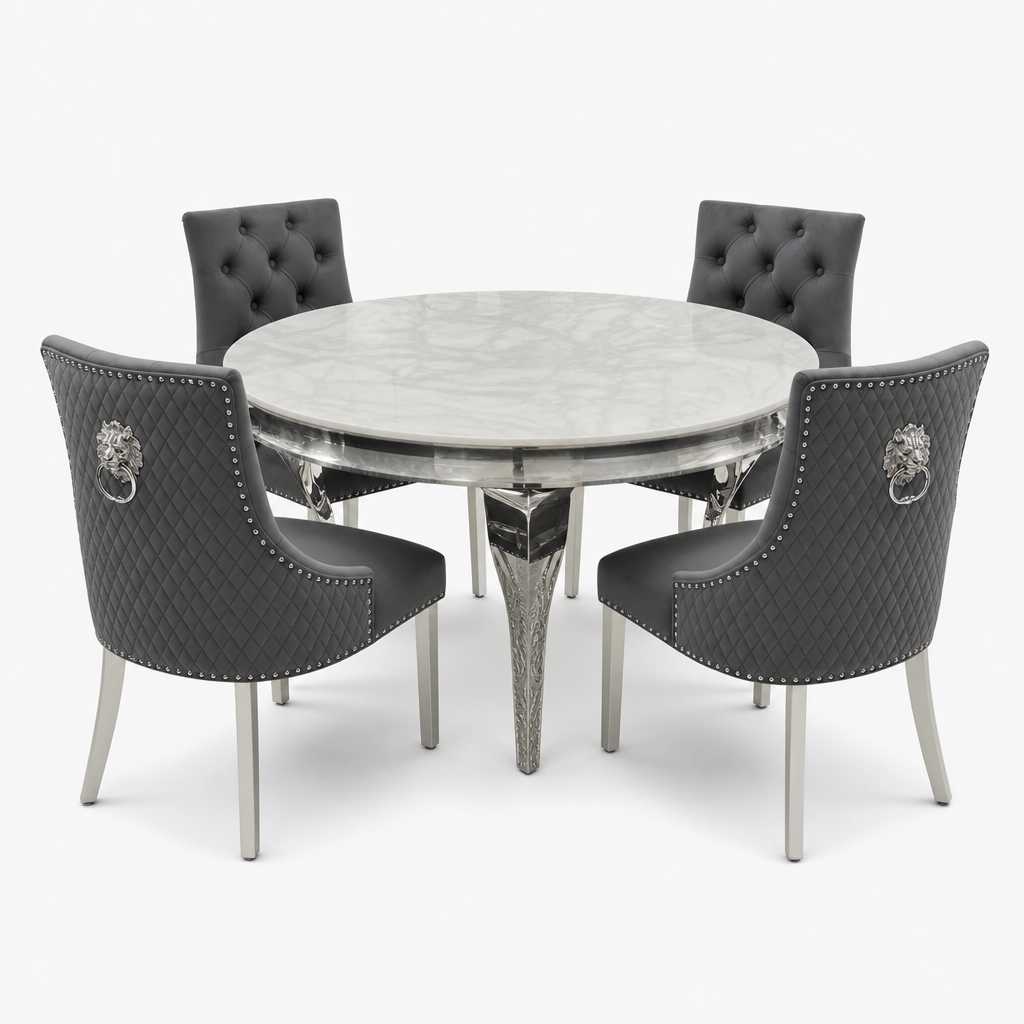 Louis White Marble Round Dining Set with Majestic Dark Grey Velvet Chairs shown in a studio setting