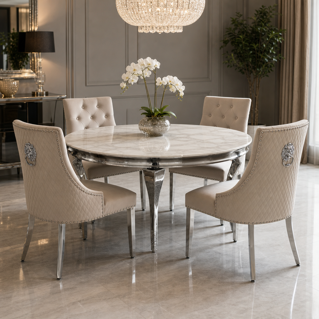 Louis White Marble Round Dining Set with Majestic Mink Velvet Chairs styled in a modern dining room