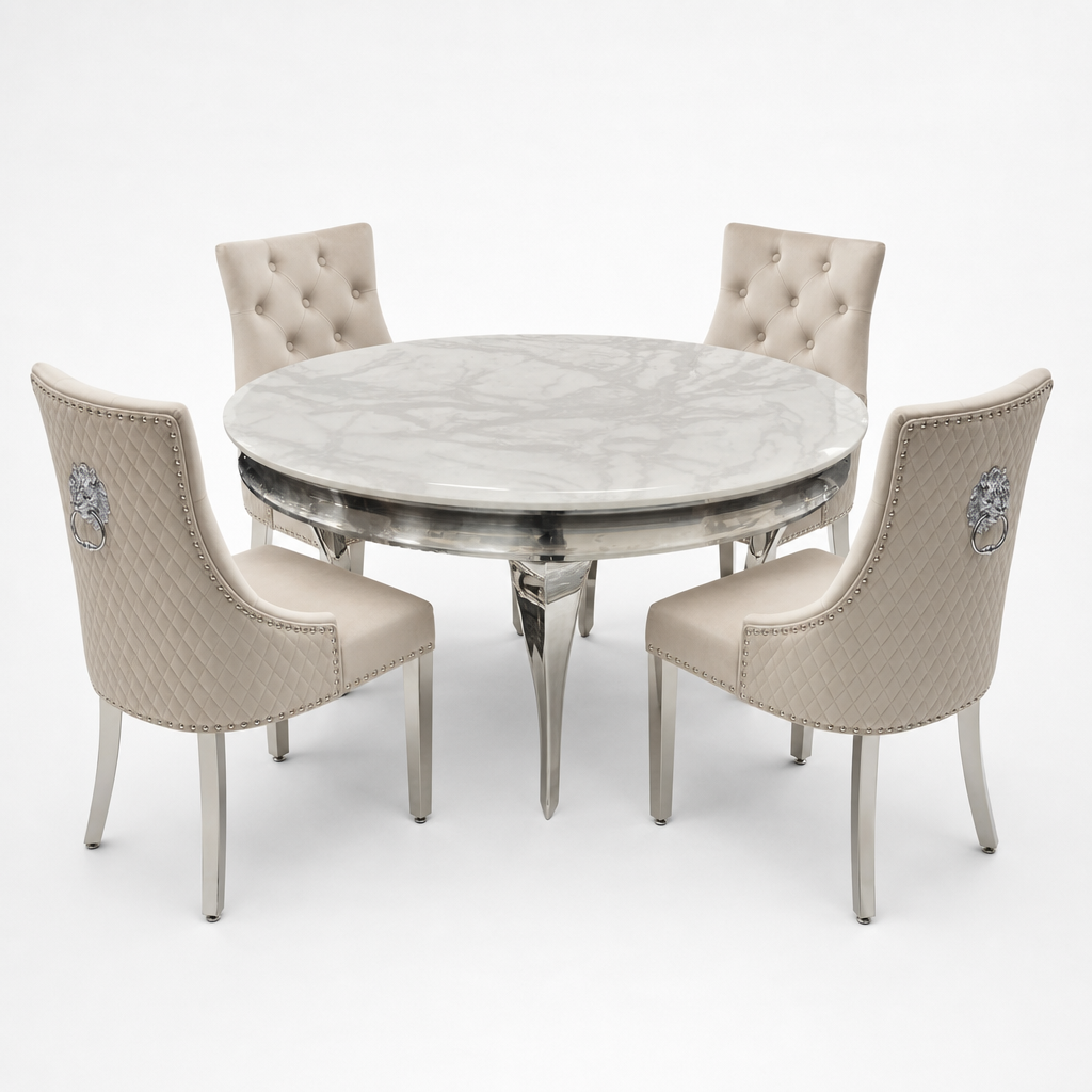 Louis White Marble Round Dining Set with Majestic Mink Velvet Chairs shown in a studio setting