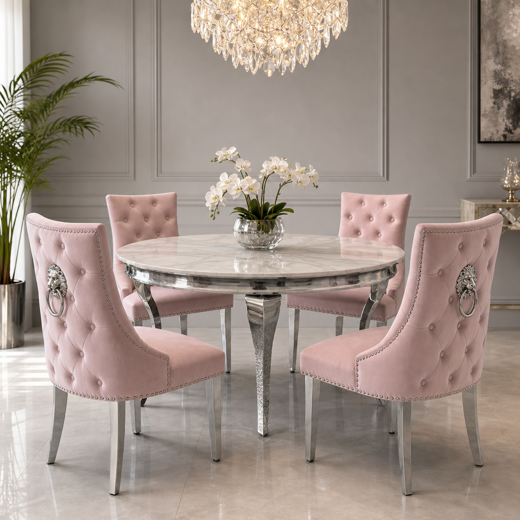 Louis White Marble Round Dining Set with Majestic Pink Velvet Chairs styled in a modern dining room