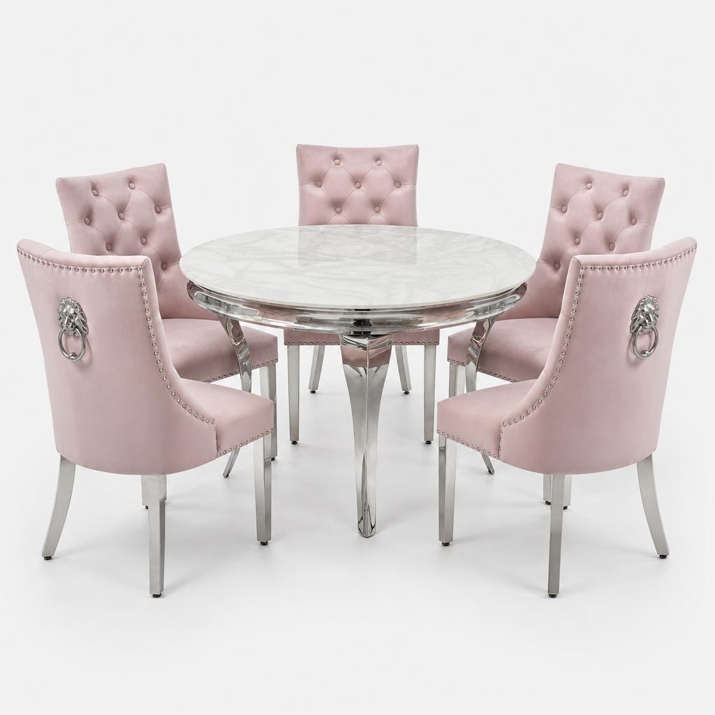 Louis White Marble Round Dining Set with Majestic Pink Velvet Chairs shown in a studio setting
