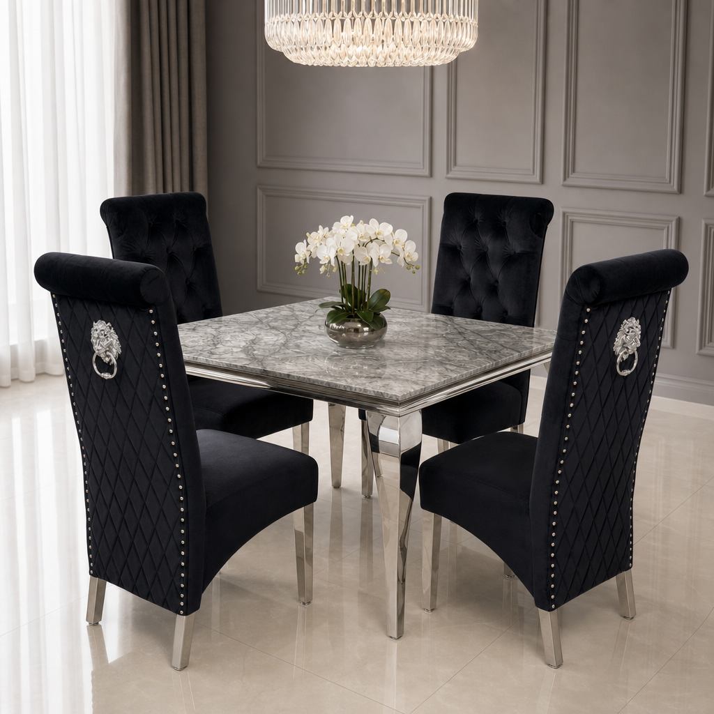 Louis Grey Marble Square Dining Set with Lucy Black Velvet Chairs styled in a modern dining room