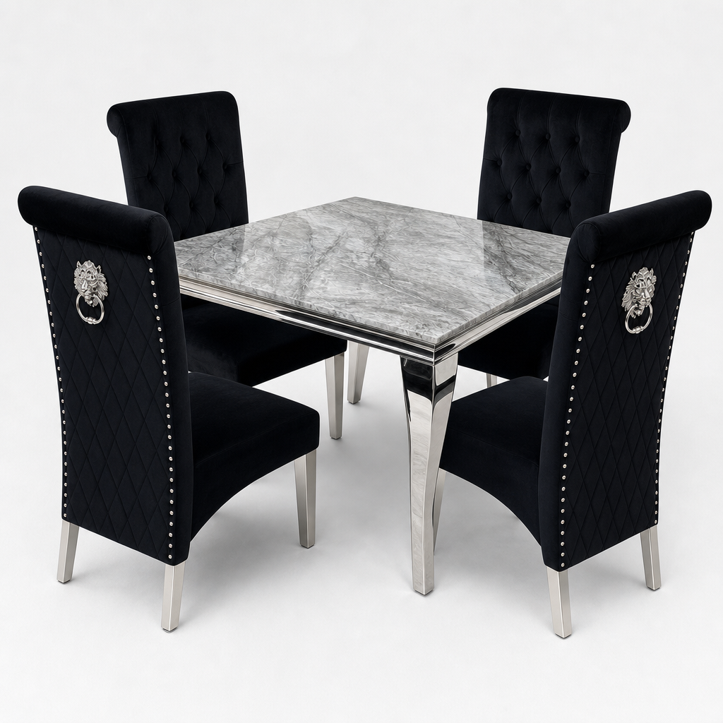 Louis Grey Marble Square Dining Set with Lucy Black Velvet Chairs shown in a studio setting