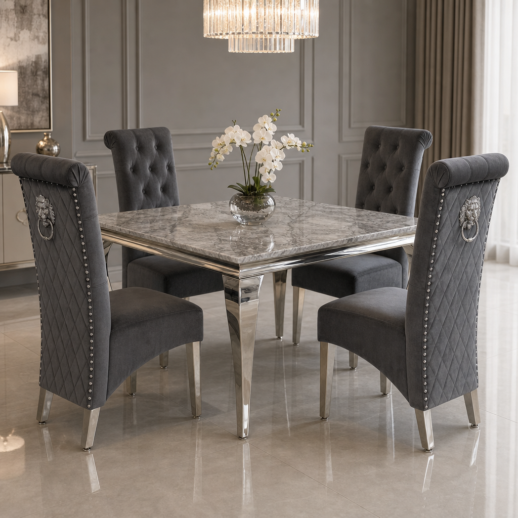 Louis Grey Marble Square Dining Set with Lucy Dark Grey Velvet Chairs styled in a modern dining room
