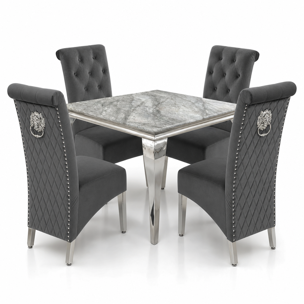 Louis Grey Marble Square Dining Set with Lucy Dark Grey Velvet Chairs shown in a studio setting