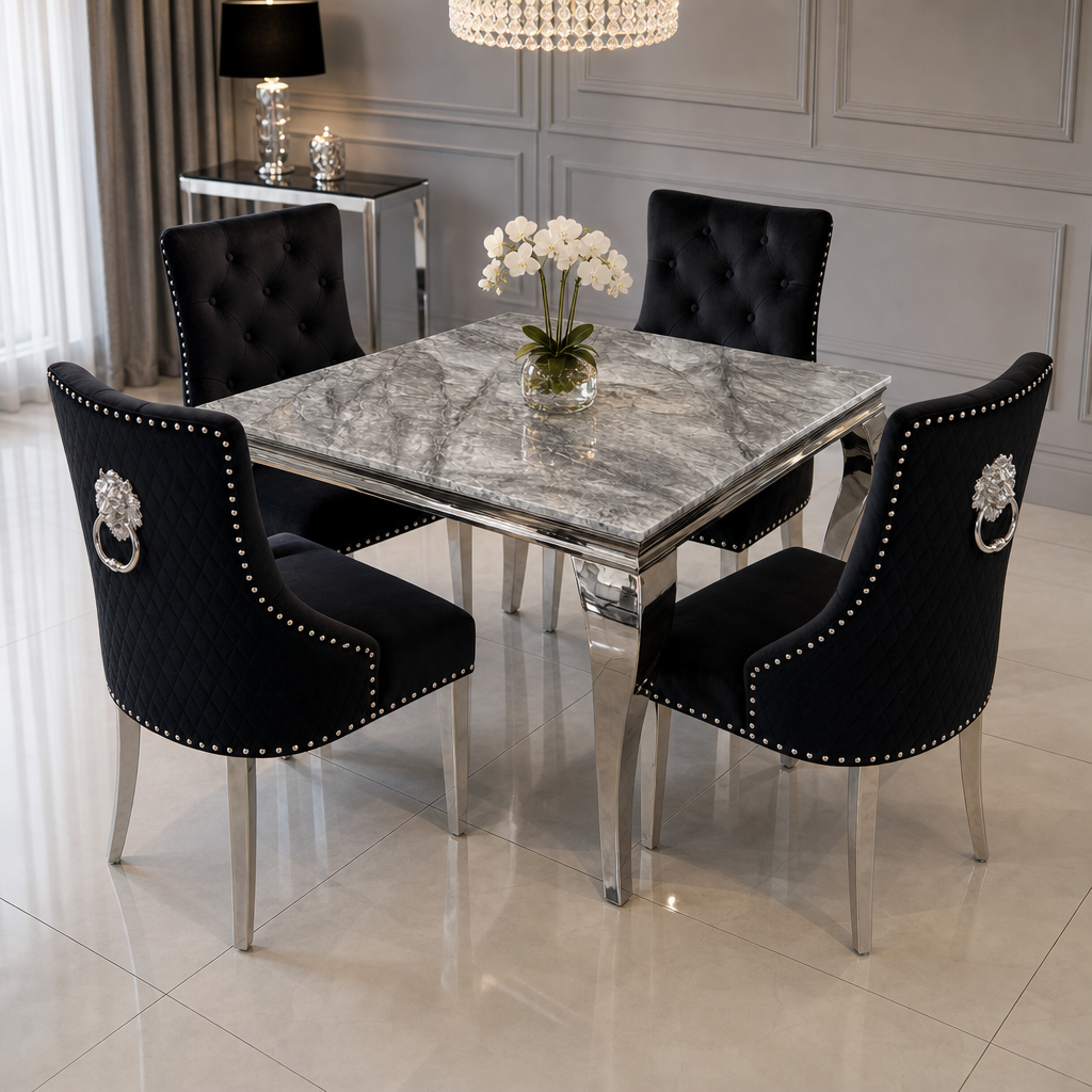 Louis Grey Marble Square Dining Set with Majestic Black Velvet Chairs styled in a modern dining room