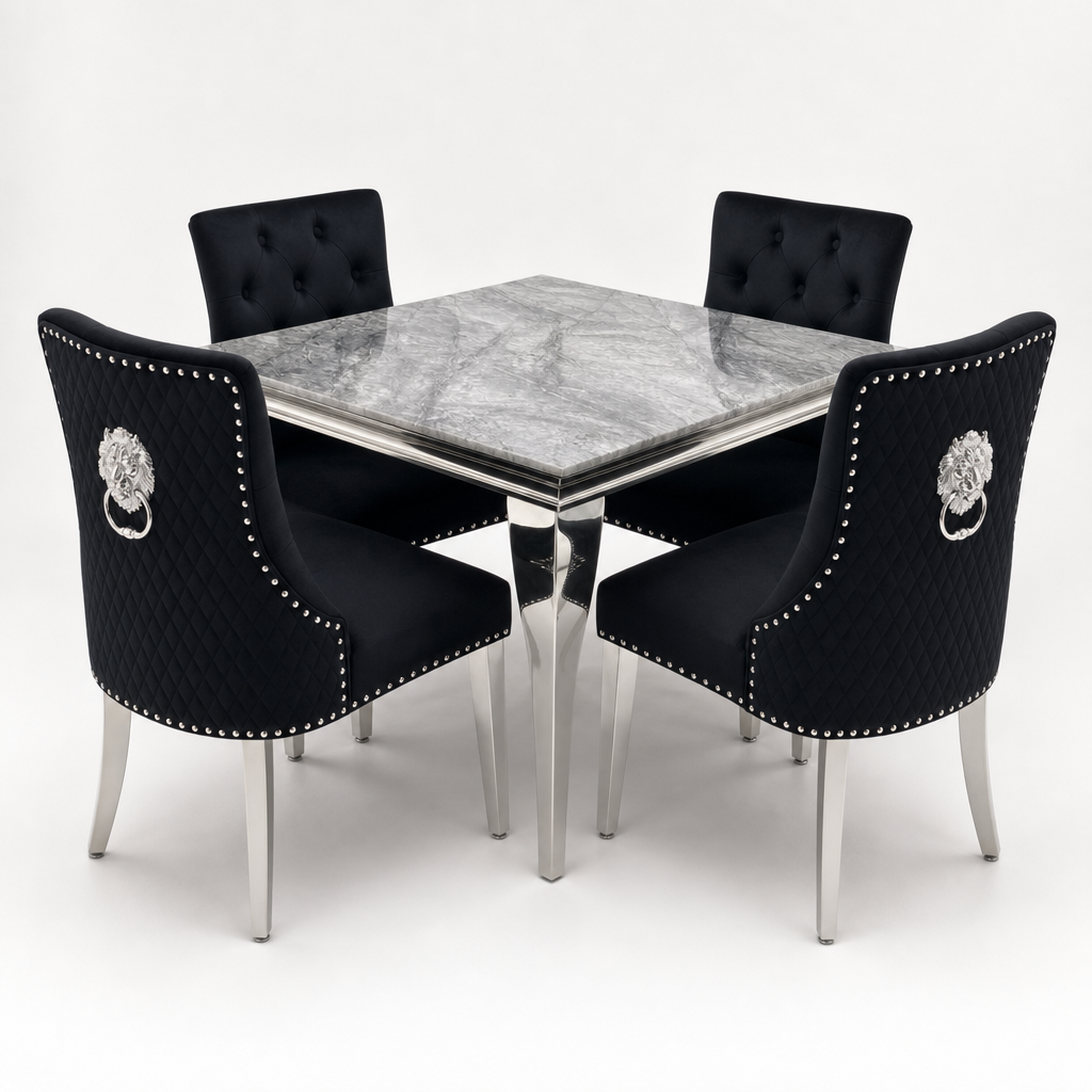 Louis Grey Marble Square Dining Set with Majestic Black Velvet Chairs shown in a studio setting