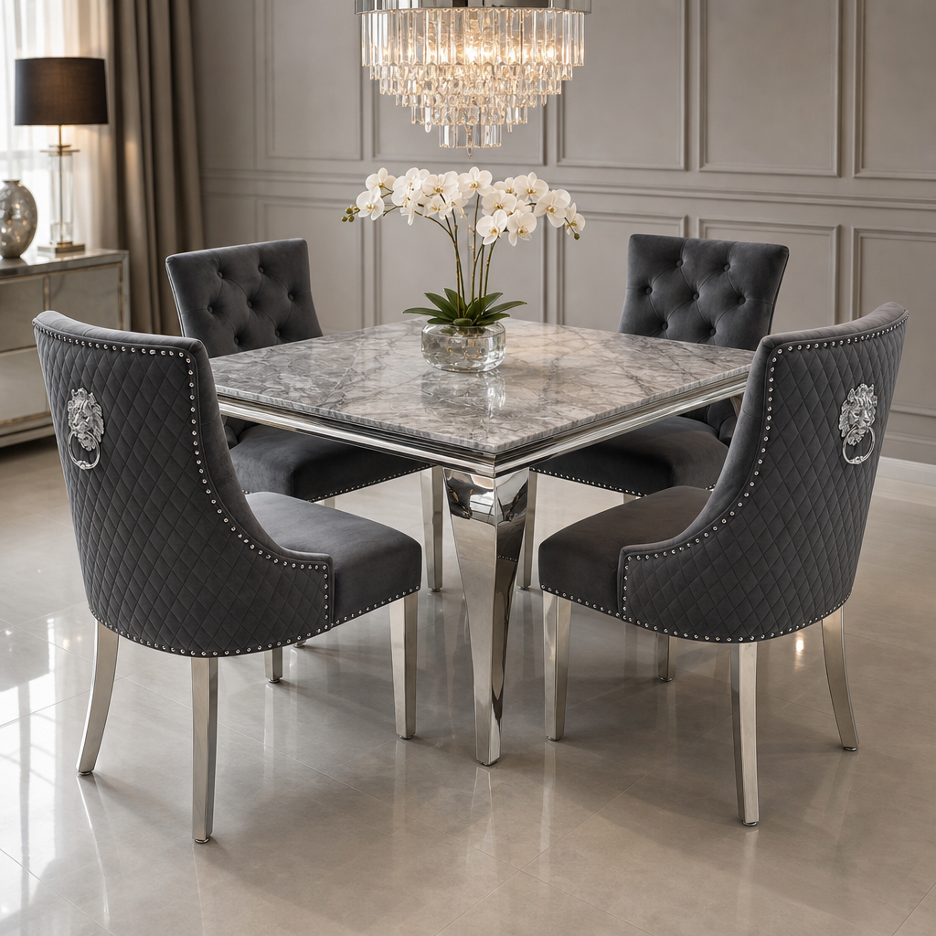 Louis Grey Marble Square Dining Set with Majestic Dark Grey Velvet Chairs styled in a modern dining room
