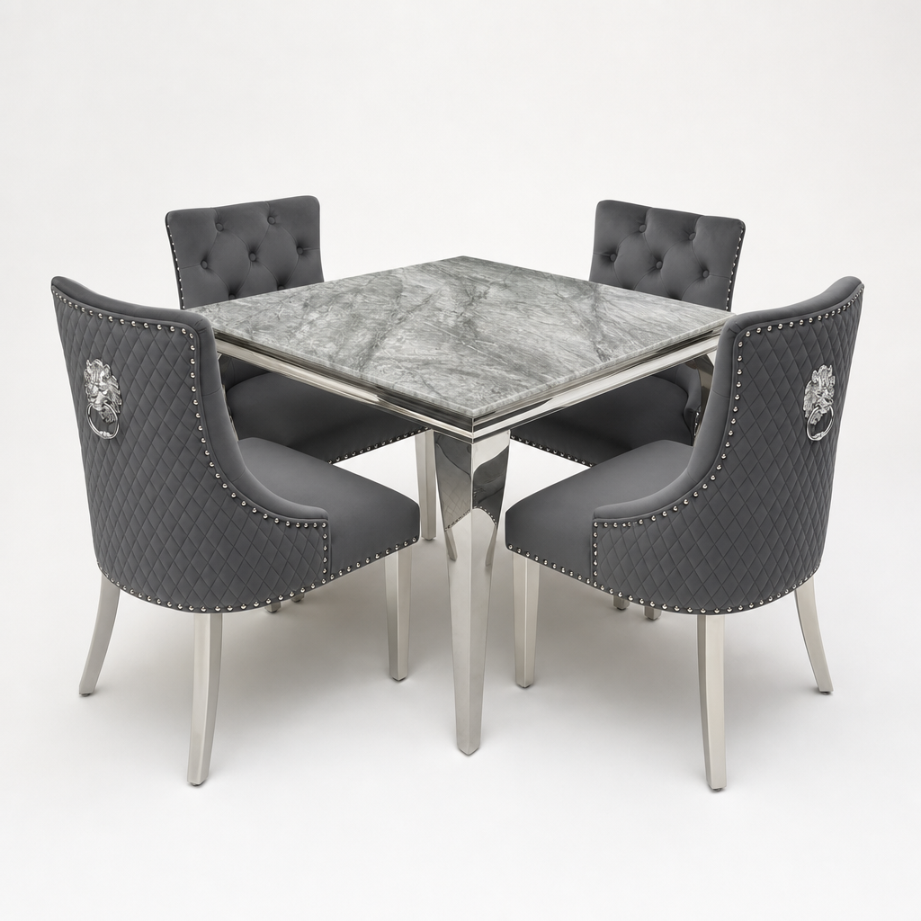 Louis Grey Marble Square Dining Set with Majestic Dark Grey Velvet Chairs shown in a studio setting