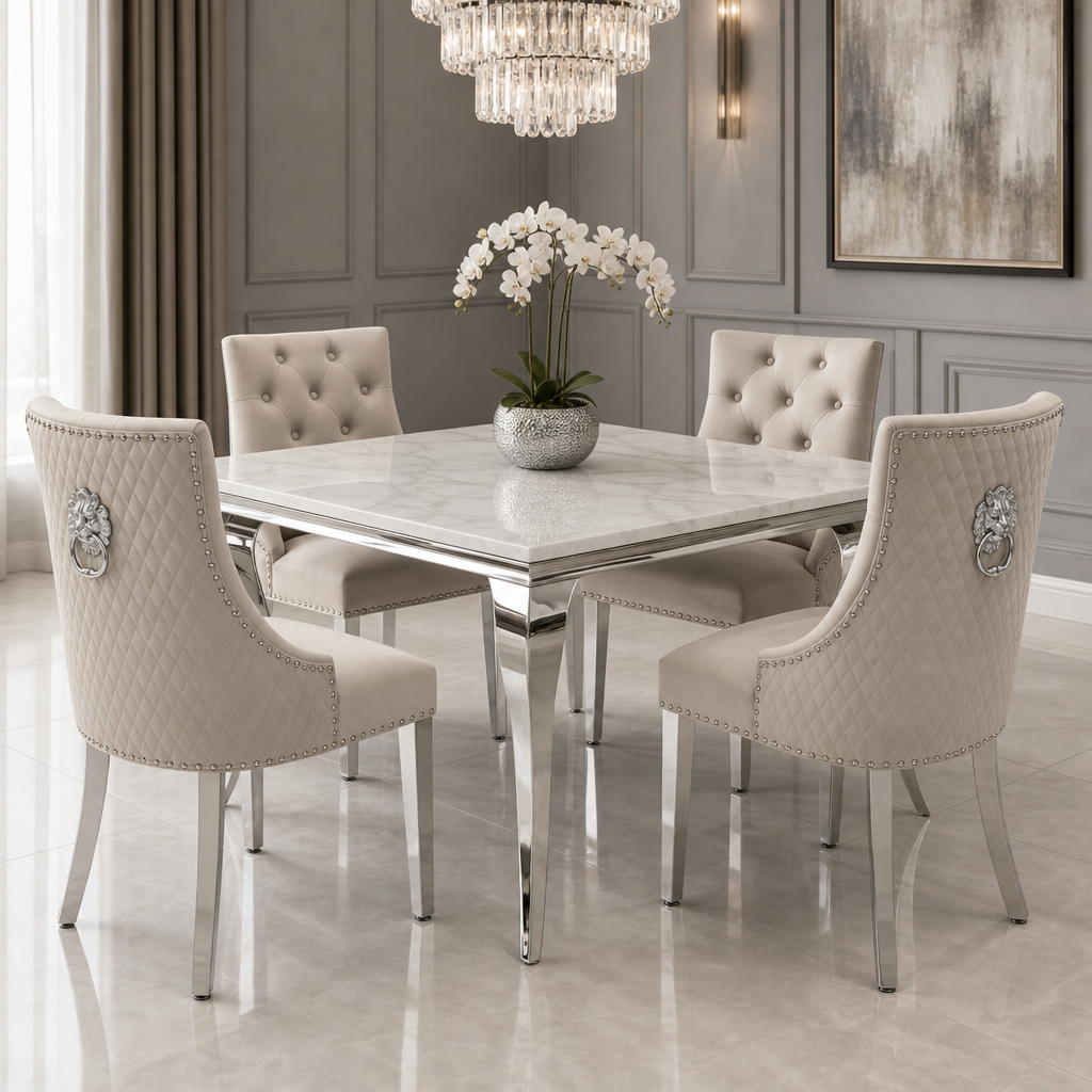 Louis White Marble Square Dining Set with Majestic Mink Velvet Chairs styled in a modern dining room