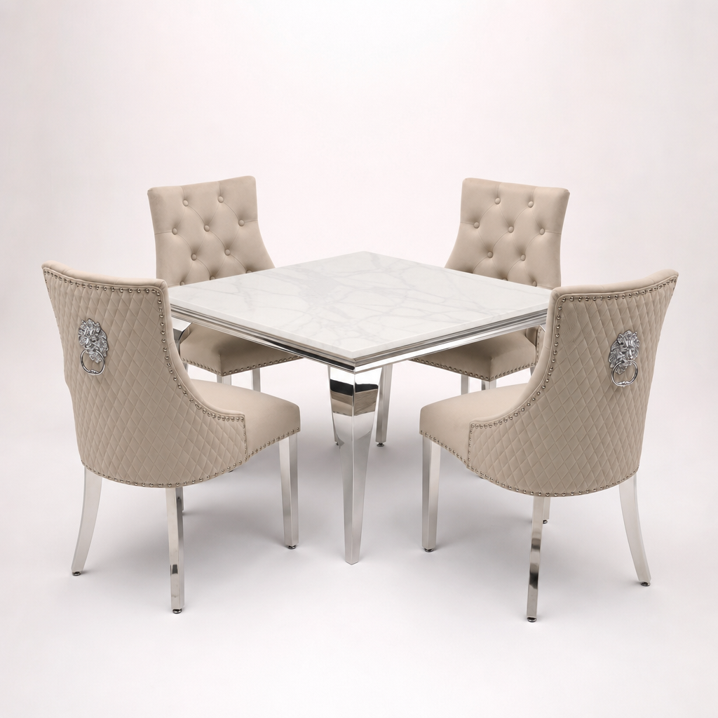 Louis White Marble Square Dining Set with Majestic Mink Velvet Chairs shown in a studio setting