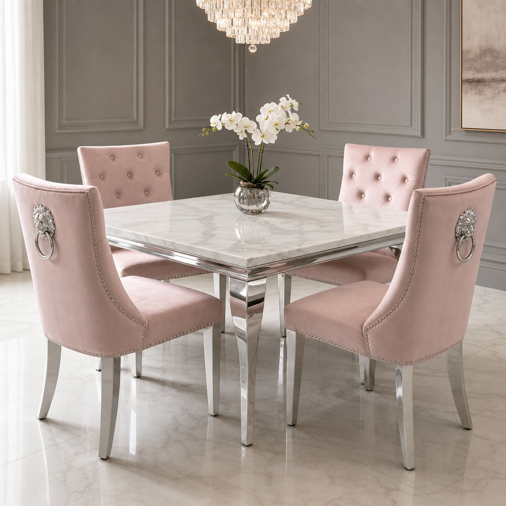 Louis White Marble Square Dining Set with Majestic Pink Velvet Chairs styled in a modern dining room
