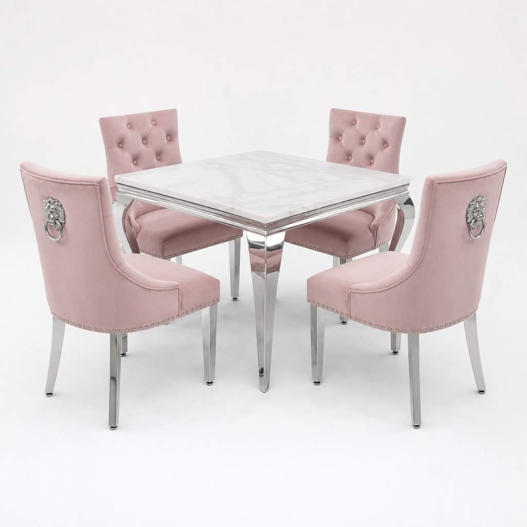 Louis White Marble Square Dining Set with Majestic Pink Velvet Chairs shown in a studio setting